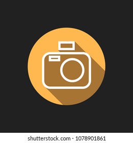 Elegant Universal White Minimalistic Thin Line Camera Icon with Shadows on Circular Color Button on Black Background 