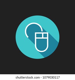 Elegant Universal White Minimalistic Thin Line Mouse Icon with Shadows on Circular Color Button on Black Background 