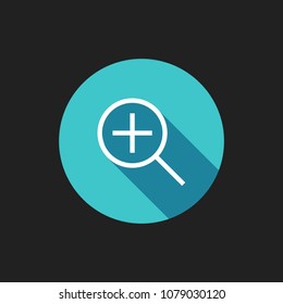 Elegant Universal White Minimalistic Thin Line Zoom Icon with Shadows on Circular Color Button on Black Background 