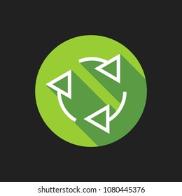 Elegant Universal White Minimalistic Thin Line Recycling Icon with Shadows on Circular Color Button on Black Background 