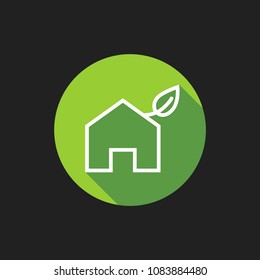 Elegant Universal White Minimalistic Thin Line Green House Icon with Shadows on Circular Color Button on Black Background 