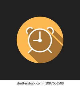 Elegant Universal White Minimalistic Thin Line Alarm Clock Icon with Shadows on Circular Color Button on Black Background 