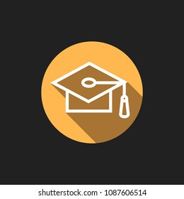 Elegant Universal White Minimalistic Thin Line Graduation Cap Icon with Shadows on Circular Color Button on Black Background 