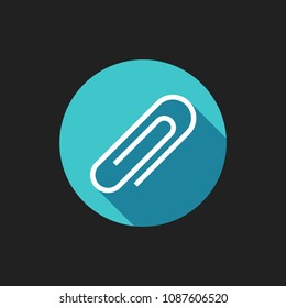 Elegant Universal White Minimalistic Thin Line Paperclip Icon with Shadows on Circular Color Button on Black Background 