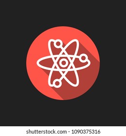 Elegant Universal White Minimalistic Thin Line Atom Icon with Shadows on Circular Color Button on Black Background 