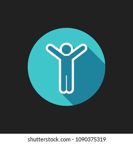 Elegant Universal White Minimalistic Thin Line Hands Up Man Icon with Shadows on Circular Color Button on Black Background 