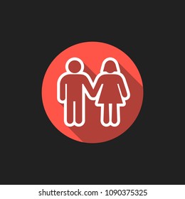 Elegant Universal White Minimalistic Thin Line Couple in Love Icon with Shadows on Circular Color Button on Black Background 