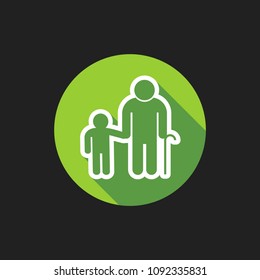 Elegant Universal White Minimalistic Thin Line Grandfather with Grandson Icon with Shadows on Circular Color Button on Black Background 