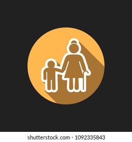 Elegant Universal White Minimalistic Thin Line Grandmather with Grandson Icon with Shadows on Circular Color Button on Black Background 