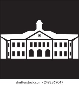 Elegant university illustration featuring a white building on a black background. Perfect for educational themes, academic designs, and institutional promotions. High contrast, modern