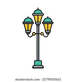 Elegant urban lamp post with two classic glowing lanterns