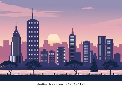 Elegant Urban Skyline at Sunset with Modern Skyscrapers, Pink and Purple Twilight Sky, Silhouetted Trees, Waterfront Promenade, and Reflected City Lights. Scenic Vector Cityscape Illustration