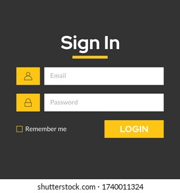 Elegant user login form menu or page interface design with yellow and black color theme. Sign up template for website, mobile, and apps development. Vector Eps 10 illustration