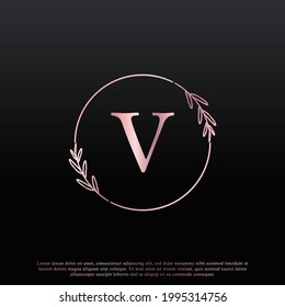 Elegant V Letter Circle Floral Logo with Creative Elegant Leaf Monogram Branch Line and Pink Black Color. Usable for Business, Fashion, Cosmetics, Spa, Science, Medical and Nature Logos.