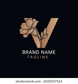 Logotipo de letra V elegante com design floral Boutique feminina, salão de beleza, casamento Skincare marca monograma