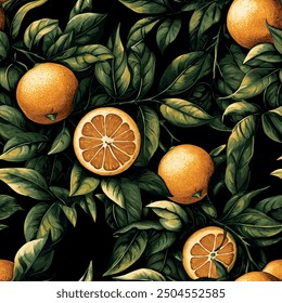 Elegant Valencia orange pattern on a black background, showcasing vivid citrus fruits and lush green leaves. This striking design combines sophistication and nature, perfect for luxurious projects.