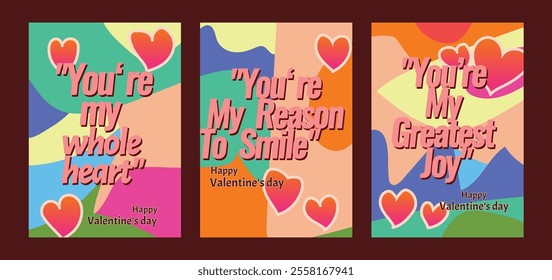 Elegant Valentine Card Set Featuring Bold Heart Designs. A set of Valentine’s Day greeting card with sample text, red hearts and abstract backgrounds templates vector illustration. 