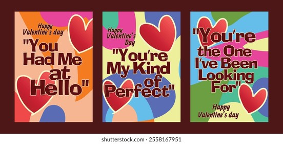 Elegant Valentine Cards Featuring Red Hearts and Subtle Abstract Art. A set of Valentine’s Day greeting card with sample text, red hearts and abstract backgrounds templates vector illustration. 