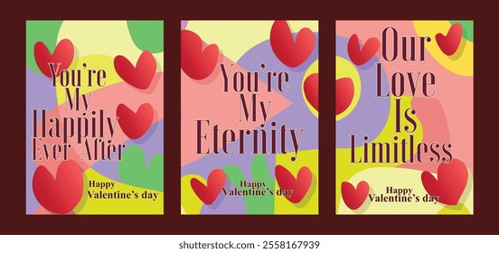 Elegant Valentine Greeting Cards with Abstract Heart Motifs. A set of Valentine’s Day greeting card with sample text, red hearts and abstract backgrounds templates vector illustration. 