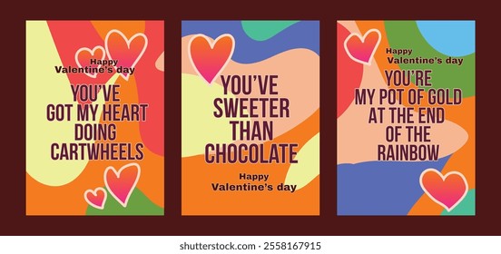 Elegant Valentine Greeting Cards with Romantic Pastel Backgrounds. A set of Valentine’s Day greeting card with sample text, red hearts and abstract backgrounds templates vector illustration. 