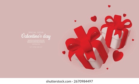 Elegant Valentine s present boxes decorated with pink bows and surrounded by red heart shapes.