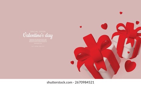 Elegante Valentinstag-Boxen mit rosafarbenen Schleifen und umgeben von roten Herzformen.