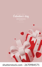 Elegant Valentine s present boxes decorated with pink bows and surrounded by red heart shapes.
