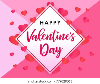 Elegant Valentines Day banner. Valentines Day greeting card template with lettering typography text on red hearts in frame and text happy valentine`s day on pink background. Vector illustration