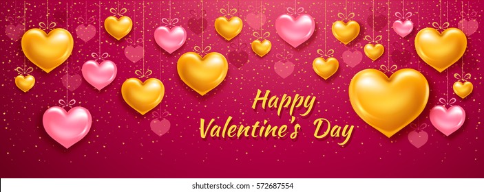 Elegant Valentines Day banner template with golden and pink volumetric hearts. Vector illustration. 