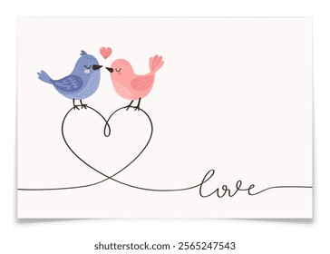 Elegant Valentines Day Card with Birds. Minimalist love letter holiday postcard design. Hand drawn blue and pink canaries couple characters. Cartoon animals in love concept. Flat vector illustration