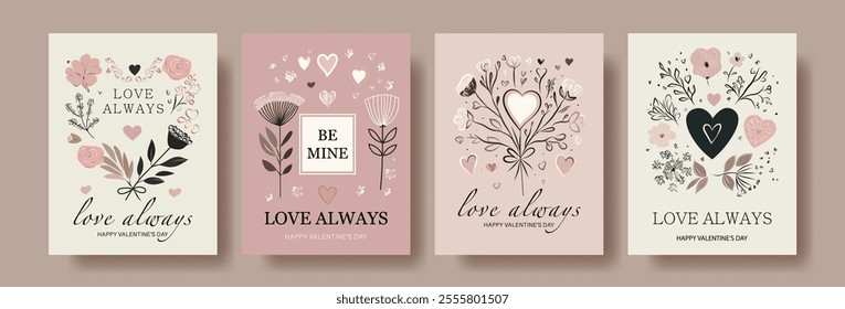 Elegant Valentine's Day Card Set in Minimalist Pastel Style. Floral and Heart Elements with Romantic Messages 'Love Always' and 'Be Mine.' Perfect for Romantic and Holiday Designs