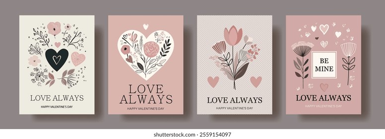 Elegant Valentine's Day Card Set in Minimalist Pastel Style. Floral and Heart Elements with Romantic Messages 'Love Always' and 'Be Mine.' Perfect for Romantic and Holiday Designs	