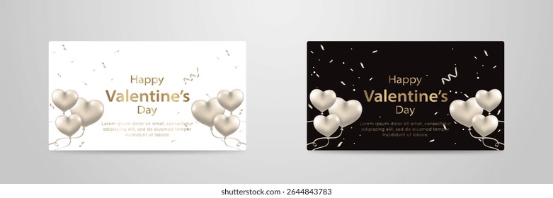 Elegant Valentine's Day Card Template – White and Black Background with Golden Heart Balloons