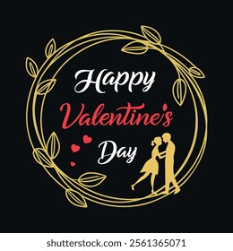 Elegant Valentine's Day design with gold wreath, couple silhouette and romantic text