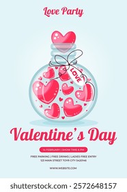 Elegant valentines day event poster with jar of hearts. Party invitation for love themed festivities. Vector illustration in flat cartoon style