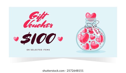 Elegant valentines day gift voucher with jar of hearts in flat style. Vector illustration perfect for romantic gifting. Design for certificate, voucher