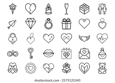 Elegant Valentines Day Icons Featuring Hearts, Keys, Rings, Gifts, Couples, and Roses