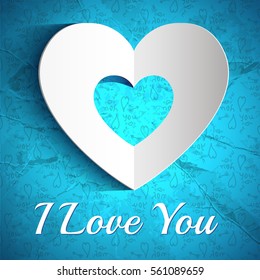 Elegant Valentines day poster with inscription white paper heart on blue sketch elements crumpled background vector illustration