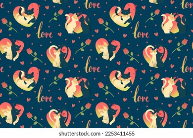 Elegante San Valentín de patrón sin fisuras con un par de gatos, corazones, amor, rosa. Romántico fondo azul dibujado a mano para envolver papel, impresión, boda, postal. Vector