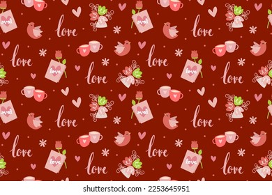 Elegant valentine's day seamless pattern with hand drawn love cards, hearts, rose, flowers, love symbols. Ideal for print, holiday card, postcard, greeting card, wrapping paper