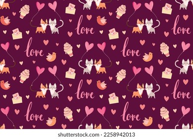 Elegant valentine's day seamless pattern with hand drawn couple of cats in love with hearts. Vector