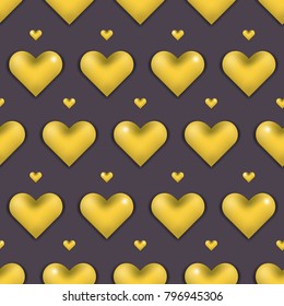Elegant Valentine's day seamless pattern with gold 3d hearts on black background. Luxury lovely golden hearts texture for textile, wrapping paper, wallpaper, cover, surface