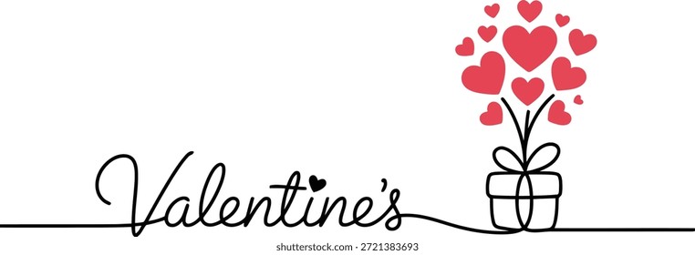 Elegant Valentine's design. Continuous line draws "Valentine's" and a gift box releasing cheerful red heart balloons.