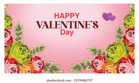 Elegant Valentine's greeting card with brightly colored roses and leaves on a soft pink background. Features decorative text for Valentine's Day celebrations. Valentine's Day concept. 