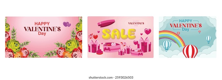 Elegant Valentine's greeting card. Valentine's Day promotion with gift boxes and hearts. A cheerful and colorful Valentine's Day. Set flat vector illustration.
