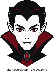 An elegant vampire face with pale skin slick dark hair red eyes and pointed fangs
