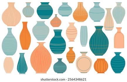 Elegant vase set in flat design. Decorative ceramic and clay pots collection. Perfect for scrapbooking, home decor prints, greeting cards, posters, invitations, and stickers.