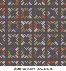 Elegant vector abstract seamless pattern with colorful square shapes, grid, diamonds. Stylish geometric texture. Simple ornament in warm pastel colors. Modern background. Repeat decorative geo design