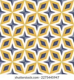 Patrón elegante vectorial abstracto sin fisuras. Elegante ornamento geométrico con diamantes, formas florales, estrellas, cuadrícula. Fondo de estilo retro vintage. Textura gráfica decorativa en color oro, azul y beige