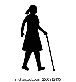 Elegant vector art depicting an elderly woman walking with a stick, showcasing grace and resilience in her golden years.